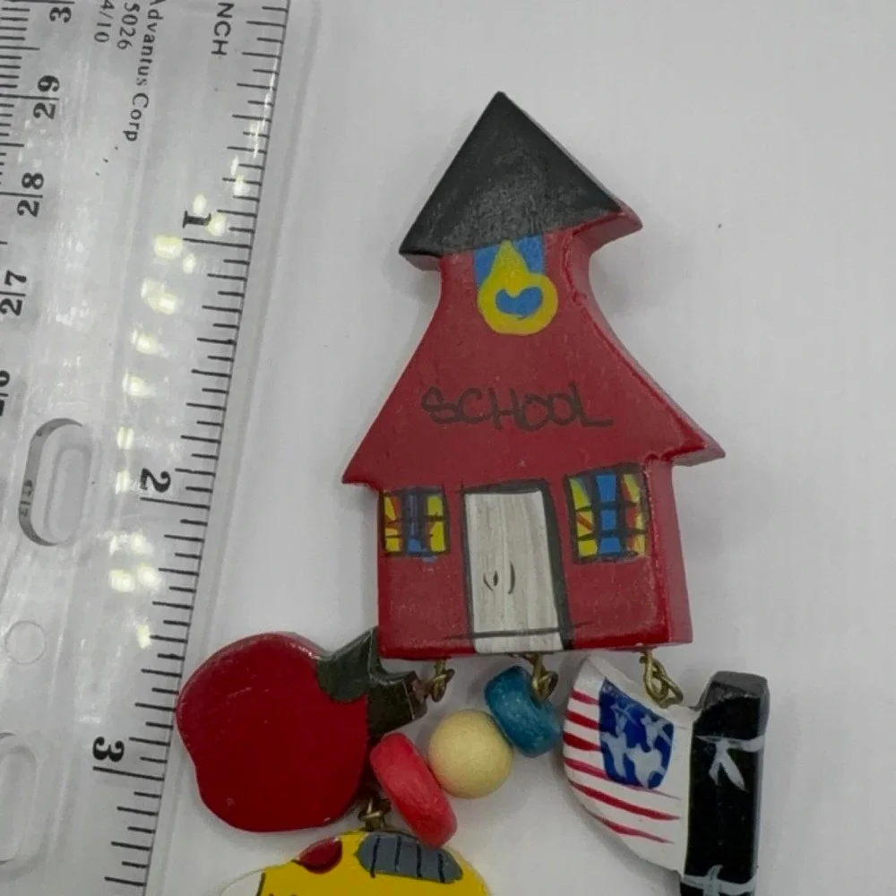 Vtg 90s Teacher Brooch Hand Painted Wooden Schoolhouse Apple Bus Folk Art Pin